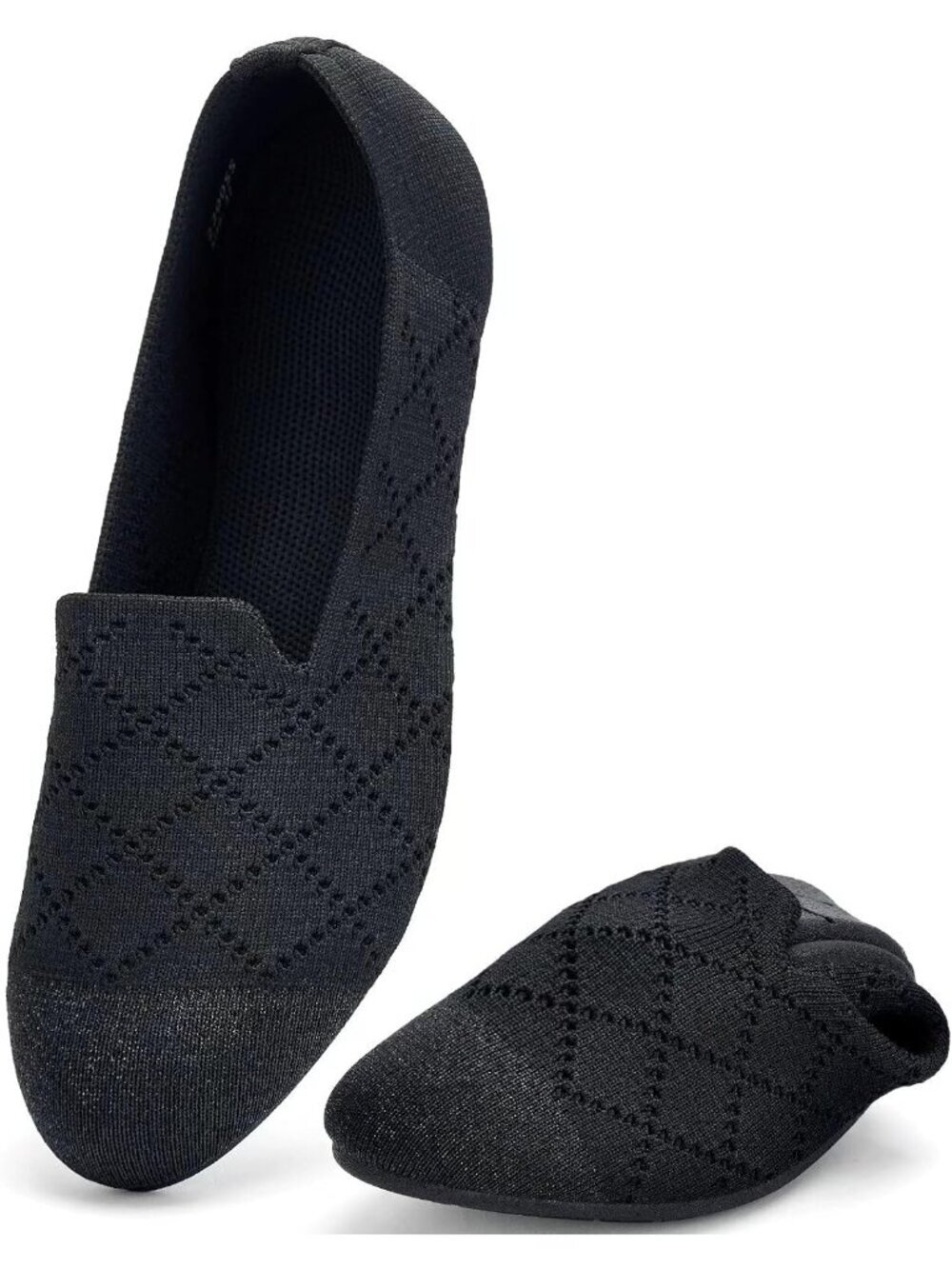 Women's Sparkly Black Ballet Flat Knit Round Toe Textile Slip On Walking Shoes